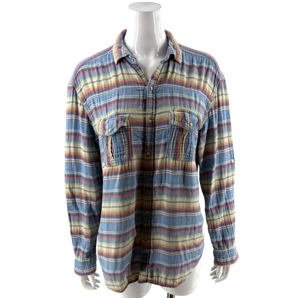 The Territory Ahead Womens Southwestern Top Size Large Blue Red Roll Tab Sleeve